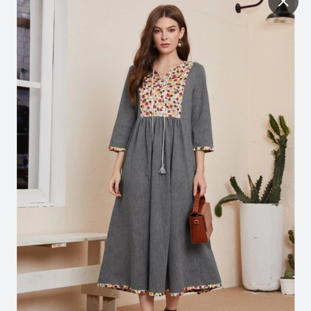 Shein Najma Tie Neck Ditsy Floral Panel Checked Dress, Size Small, Size …